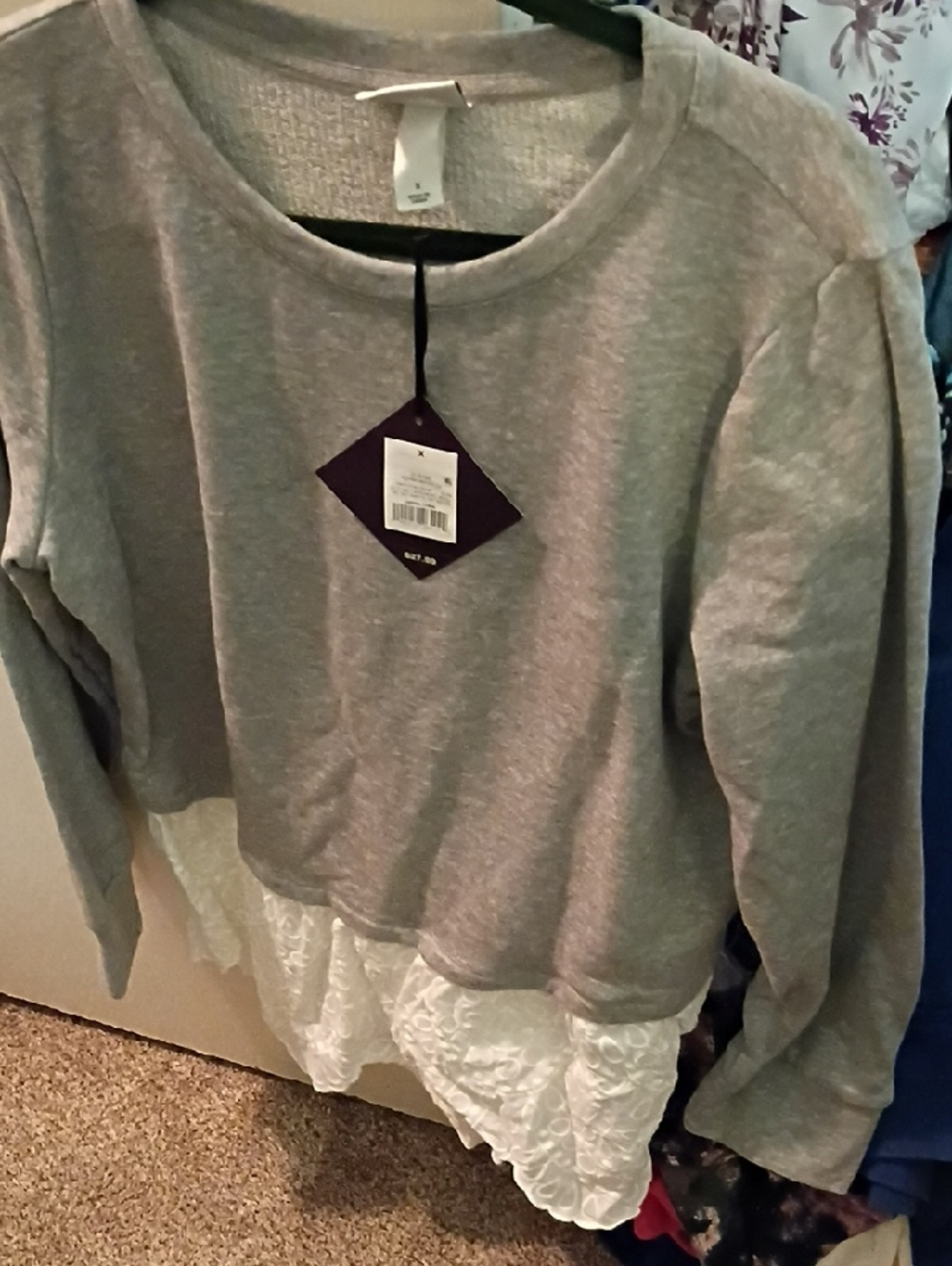 Gray Sweatshirt with White Lace Hem